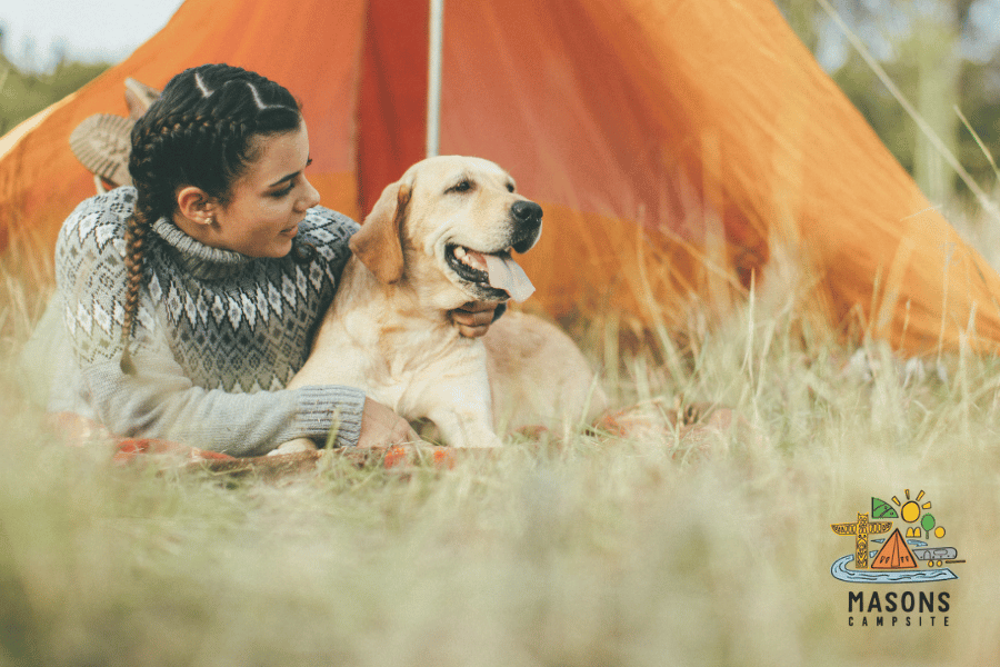 A woman in a jumber is with a yellow lab by an orange tent